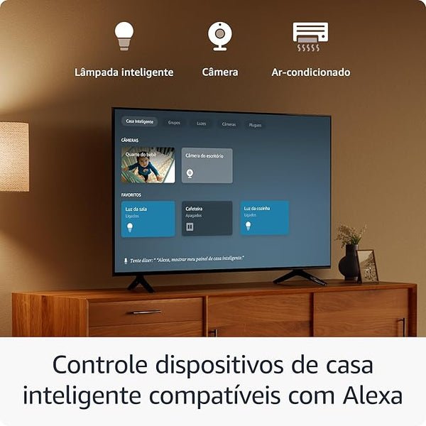 Painel de casa inteligente exibido na TV pelo Fire TV — Alexa controla lâmpadas, câmeras e ar-condicionado