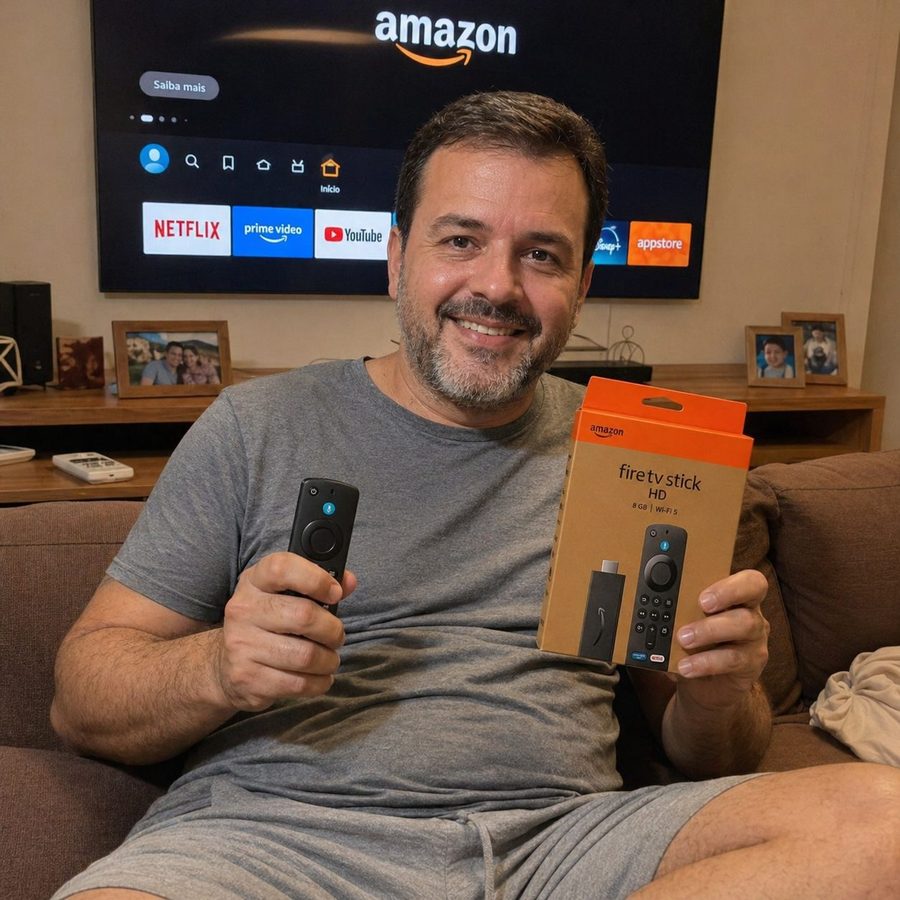 Cliente sorrindo no sofá da sala segurando o Fire TV Stick HD com a TV ligada na home Amazon