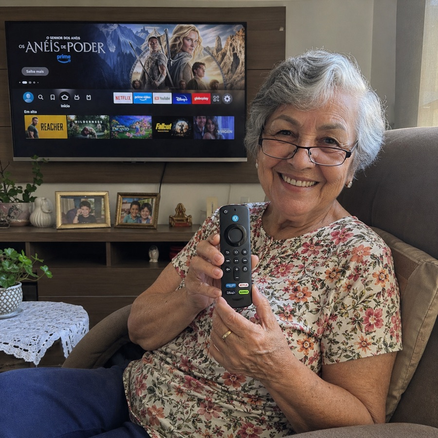 Senhora idosa sorrindo e segurando o controle por voz Alexa do Fire TV na sala