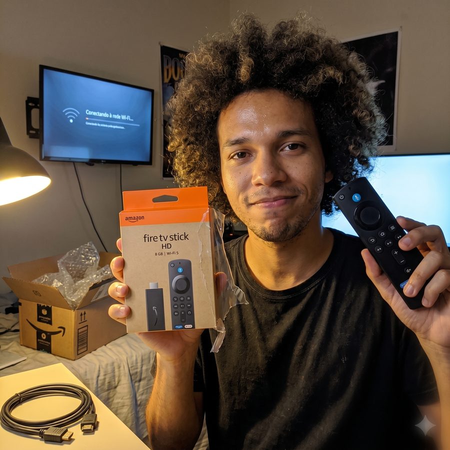 Cliente fazendo o unboxing do Fire TV Stick HD com a caixa Amazon original e cabo HDMI