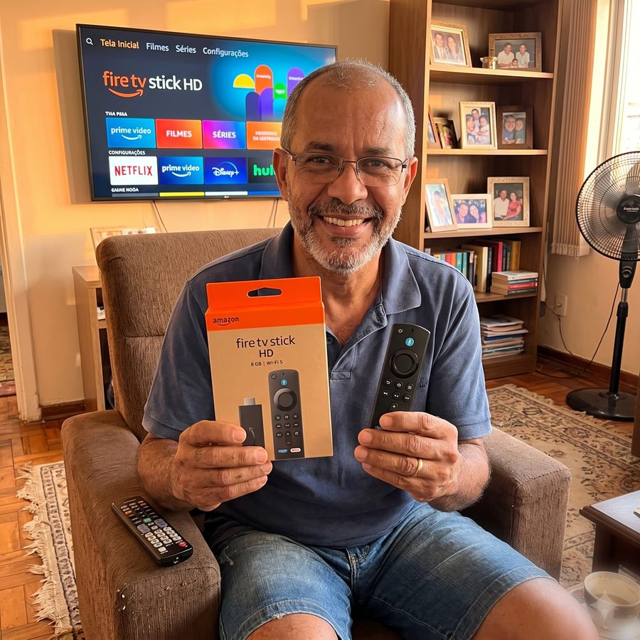 Homem sorrindo na poltrona segurando o Fire TV Stick HD com TV ao fundo na interface inicial