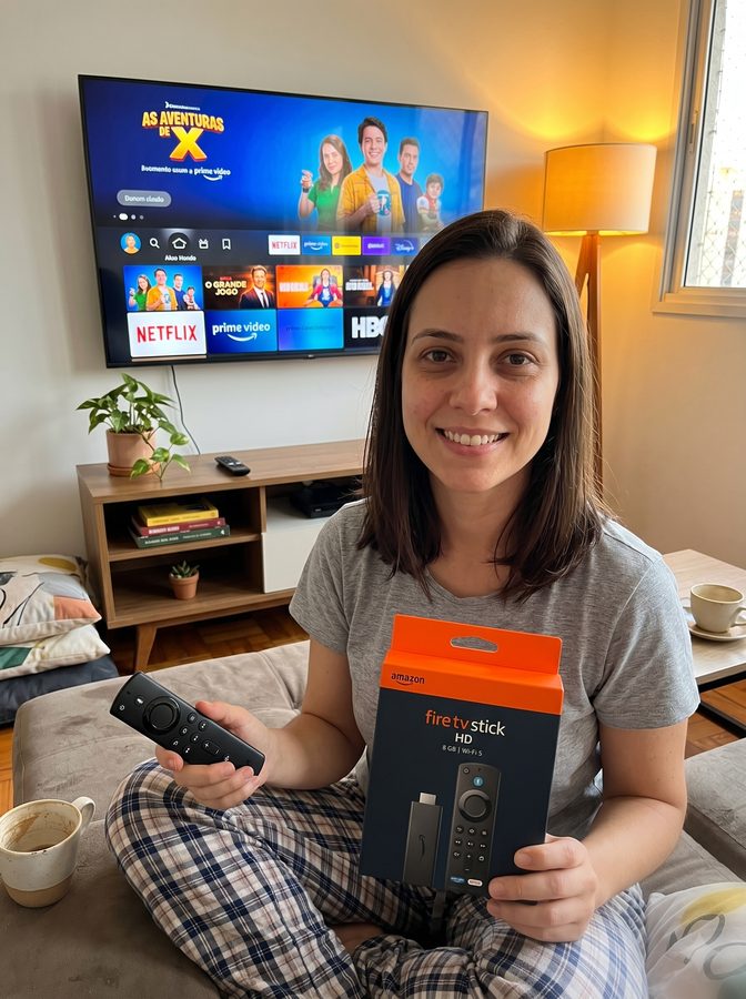Cliente no sofá em casa com café e o Fire TV Stick HD, TV ao fundo no Prime Video