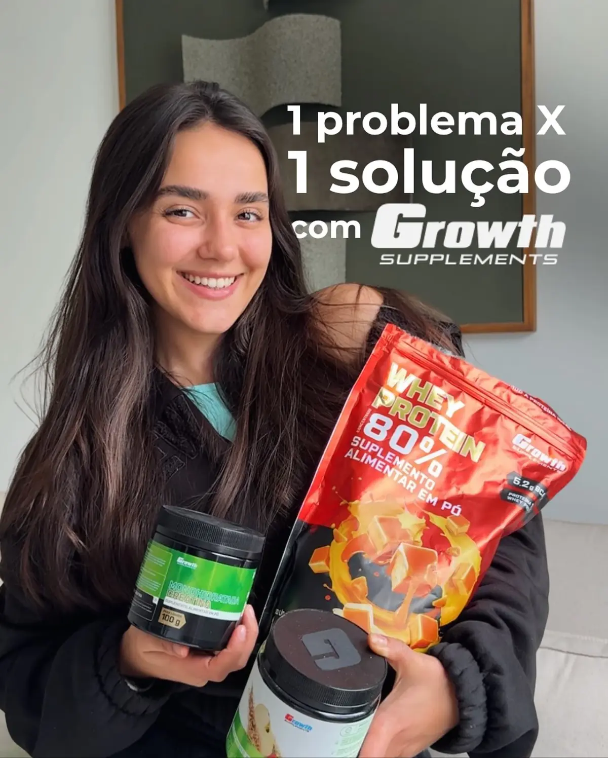 Foto real da cliente Juliana com Whey Growth 80% + Creatina + Pré-treino